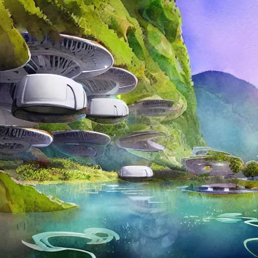 Image similar to beautiful happy picturesque charming sci - fi organic pod - like homes consisting of modules of the future in a beautiful natural scene. water, trees and rocks. beautiful light. soft colour scheme. beautiful artistic detailed watercolor by lurid. ( 2 0 2 2 )