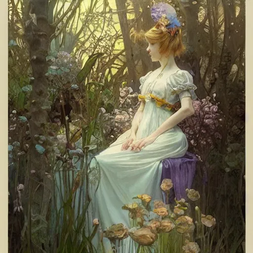 Image similar to a beautifull intricate watercolour painting of alice in wonderland scene, reflexions, verry high details by william turner art, greg rutkowski and alphonse mucha, trending on artstation, very very detailed, masterpiece, muted colors