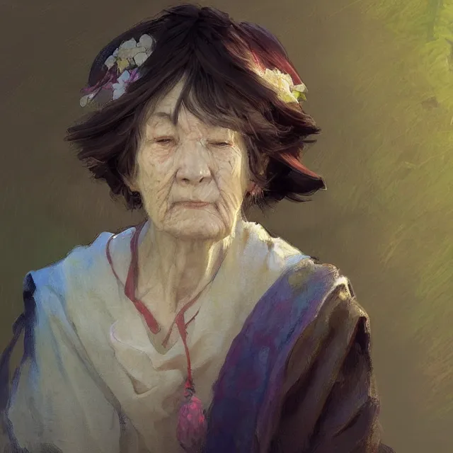 Image similar to sakura as an old woman, portrait, elegant, intricate, digital painting, artstation, concept art, smooth, sharp focus, illustration, art by konstantin korovin and daniel f. gerhartz and john howe