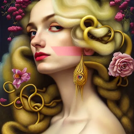 Image similar to dynamic composition, blonde woman with hair of spring flowers and vines wearing ornate earrings, ornate gilded details, pastel colors, a surrealist painting by tom bagshaw and jacek yerga and tamara de lempicka and jesse king, wiccan, pre - raphaelite, featured on cgsociety, pop surrealism, surrealist, dramatic lighting