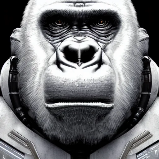 Image similar to detailed science - fiction character portrait of a silverback gorilla wearing a white armored space suit, intricate, wild, highly detailed, digital painting, artstation, concept art, smooth, sharp focus, illustration, art by artgerm and greg rutkowski and alphonse mucha