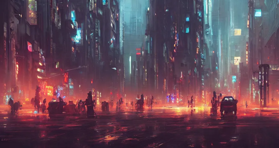 Image similar to very detailed masterpiece painting of a busy cyberpunk city street, portrait, artstation, concept art by greg rutkowski