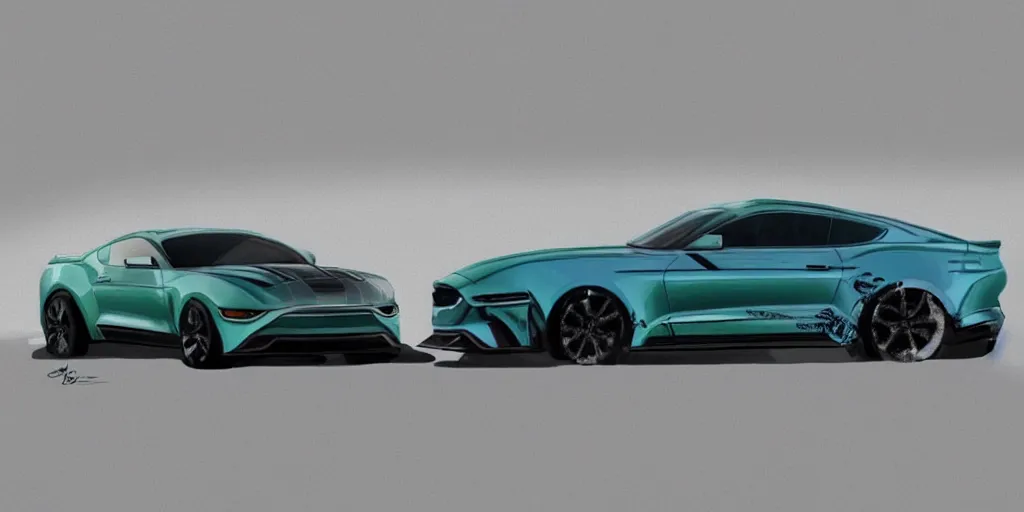 Prompt: hybrid design of Ford Mustang GT 2021 and Aston Martin 2022. No background, concept art style.