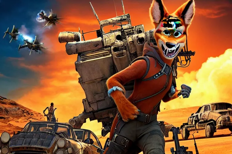 Prompt: nick wilde, heavily armed and armored facing down armageddon in a dark and gritty reboot from the makers of mad max : fury road : witness me