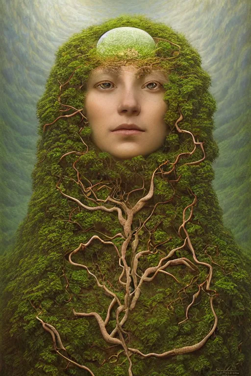 Image similar to Intricate stunning highly detailed portrait of mother earth, 🌱, by agostino arrivabene and Vladimir Kush, surreal, digital painting, ultra realistic, dramatic lighting, twisted vines, lush plants, pristine water, artstation