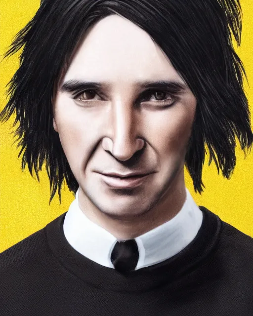 Image similar to photo portrait of a 3 2 - year - old man wearing black clothes, snape severus, with black, greasy, mid - length hair, hooked nose, dark brown eyes, yellow uneven teeth, by mario testinohyper realistic face, beautiful eyes, hyper detailed, smooth