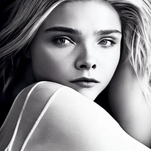 Image similar to hyper detailed, ultra sharp focus boudoir photos of chloe - grace moretz, laying on a bed studio lighting, 8 k, dslr, 8 5 mm f / 1. 8 by sam shaw