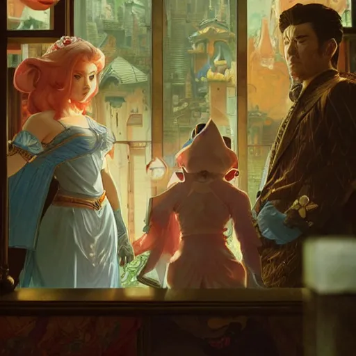 Prompt: link and princess peach in a scene from yakuza, artstation, concept art, smooth, sharp focus, illustration, art by and greg rutkowski and alphonse mucha