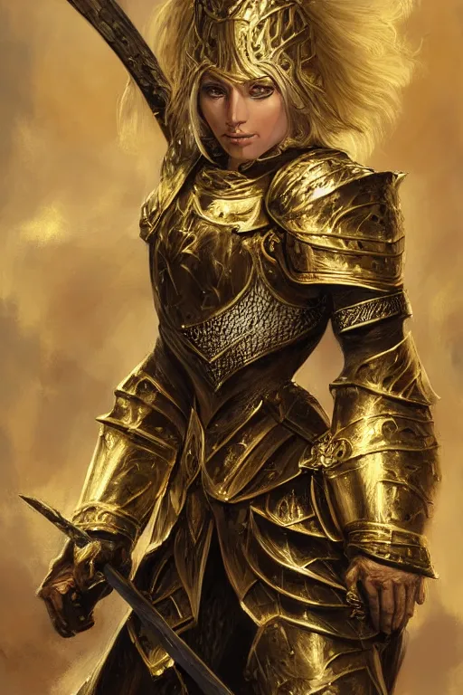 Prompt: Gorgeous Blond Lady Knight in an ornamental Gold and Black armor, low fantasy, matte painting, by Frank Franzetta, trending on Artstation, trending on Deviantart, artstationHQ, artstationHD, full color