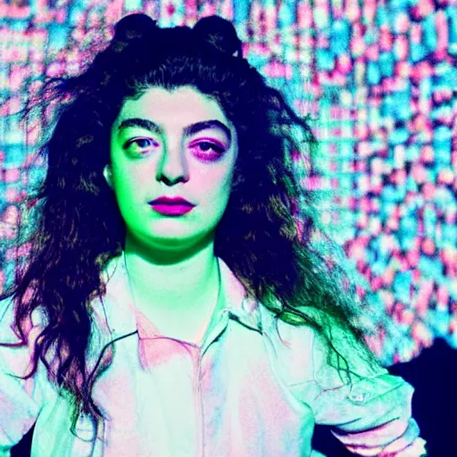 Image similar to 8k high detailed 35mm wide angle lens photograph of lorde in futurecore attire experiencing complete euphoria, vivid details, in the style of Andy Warhol