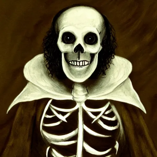Image similar to spooky skeleton as william shakespeare, traditional art
