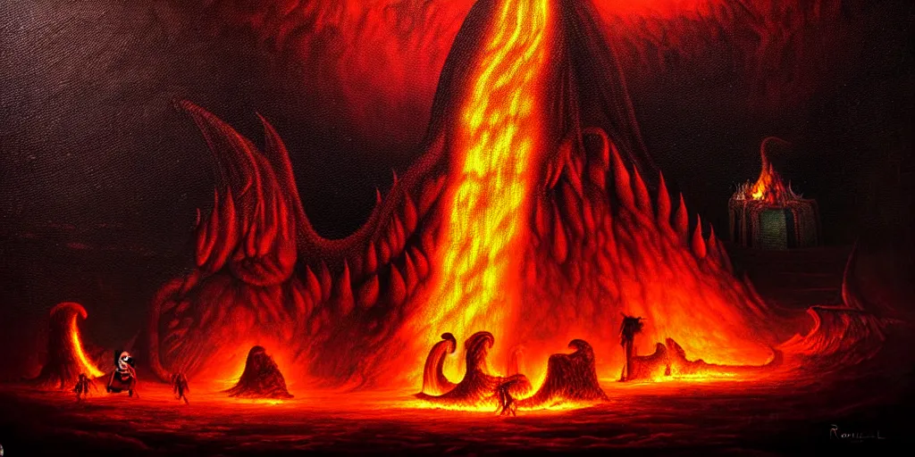 Image similar to mythical creatures and monsters at the mouth of hell, dramatic lighting glow from giant fire, in a dark surreal painting by ronny khalil