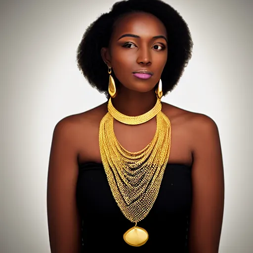 Prompt: portrait of a beautiful black woman wearing a gold and jade necklace of intricate design