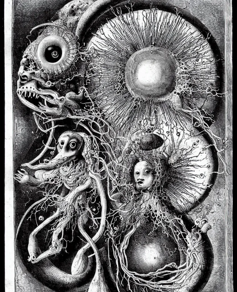 Image similar to whimsical freaky creature sings a unique canto about'as above so below'being ignited by the spirit of haeckel and robert fludd, breakthrough is iminent, glory be to the magic within