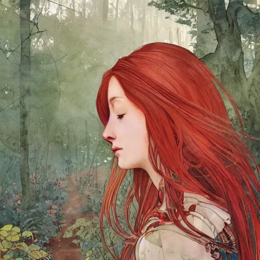 Image similar to side view a beautiful and inspiring intricate watercolor illustration artwork red hair italian girl in the forest, feeling the nature, eyes closed, 4 k, ultra - wide angle, by william turner, by victo ngai, by alphonse mucha, by miho hirano, hd, trending on artstation, hyper detailed, muted colors, inspiring, beautiful, energetic