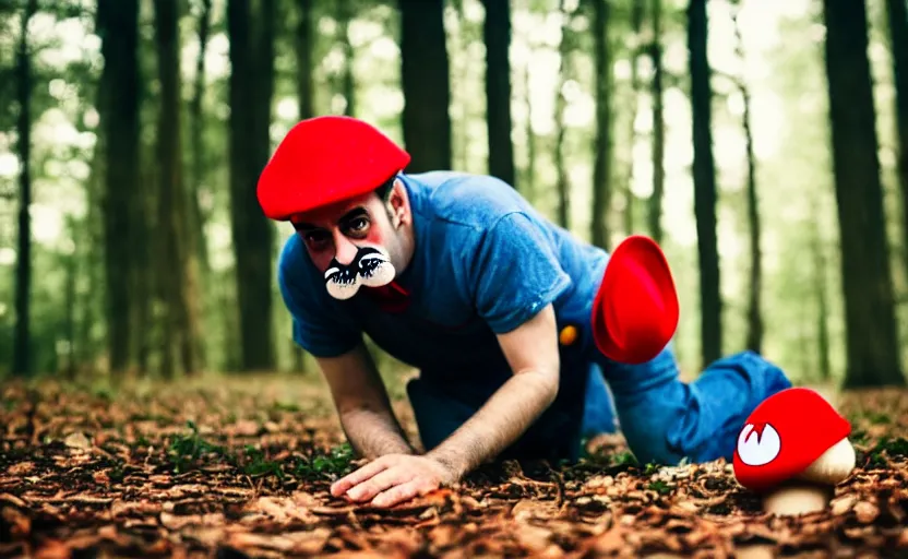 Prompt: italian man with a mustache dressed as mario wearing a solid red mario hat, crawling on the ground, eyes rolled back, licking a red mushroom with white spots, in a forest, photography, 5 0 mm lens, f 1. 8