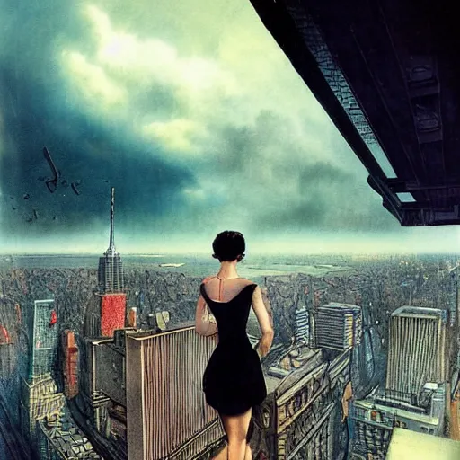 Prompt: “ girl standing on a roof looking down at a futuristic new york city below, ghostpunk, blade runner, cyberpunk, art nouveau, storm clouds, rain, very detailed, by gil elvgren ”