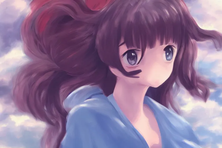 Image similar to a cute anime girl sitting on a cloud, digital painting, anime, portrait