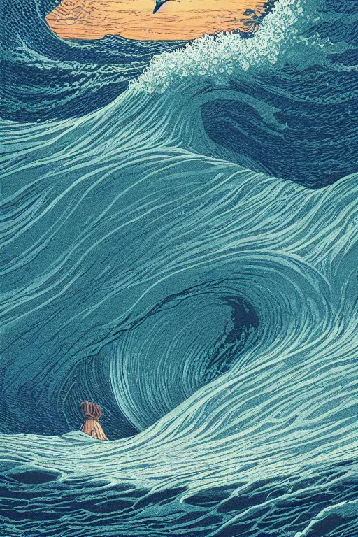 Image similar to a sea witch calling forth a giant wave by dan mumford and john harris and jean delville and victo ngai and josan gonzalez, highly detailed, photorealism, hyperrealistic, art deco, art nouveau