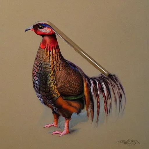 Image similar to Pheasant with sword on the belt, by lily seika jones , rivuletpaper art, very detailed, oil painting, harsh fairy tale, soft style, hyperrealism, beautiful, high resolution, trending on artstation, steps 50