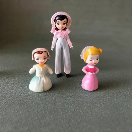 Prompt: product photograph of delicate cute vintage disney figurines by isabel han : 4 cute, chibi, popular, collectible, toys figures, kawaii, toys, white background : 3