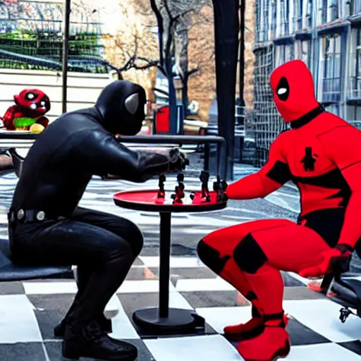 Image similar to daredevil and deadpool sat by a chess table