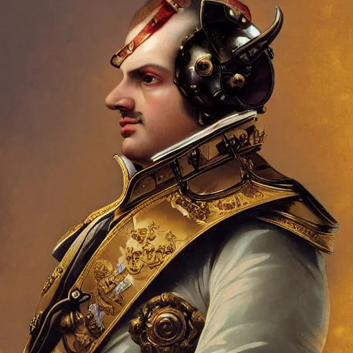 Image similar to portrait of divine emperor napoleon bonaparte, handsome, tall, dieselpunk steampunk napoleonic french baroque, metal shoulder pauldrons, intricate, highly detailed, digital painting, artstation, concept art, sharp focus, cinematic lighting, illustration, art by artgerm and greg rutkowski, alphonse mucha, cgsociety