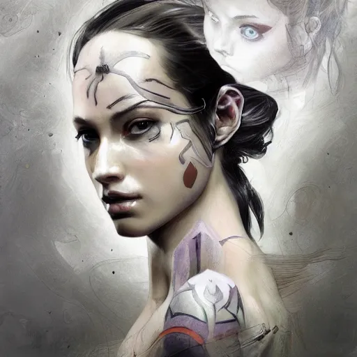 Image similar to tattoo design, a professional painting of a beautiful young female, partially clothed in battle armor, olive skin, long dark hair, beautiful bone structure, symmetrical facial features, intricate, elegant, digital painting, concept art, smooth, sharp focus, illustration, from Metal Gear, by Ruan Jia and Mandy Jurgens and Greg Rutkowski and Artgerm and William-Adolphe Bouguerea and artgerm, cat girl, anime