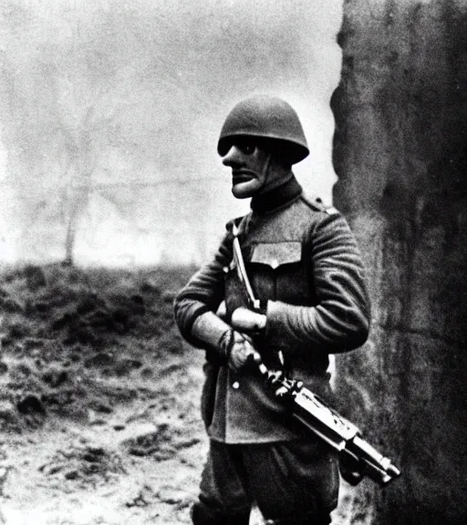 Image similar to a soldier wearing a black mask in distance, ww1 film photo, grainy, high detail, high resolution