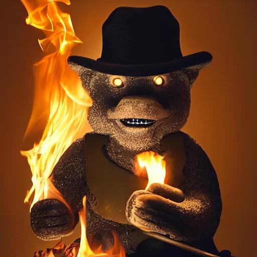 Image similar to UHD candid photo of Smokey The Bear in the lavatory sitting on a porcelain throne, playing with fire, by Annie leibowitz, photorealisitc, extremely detailed