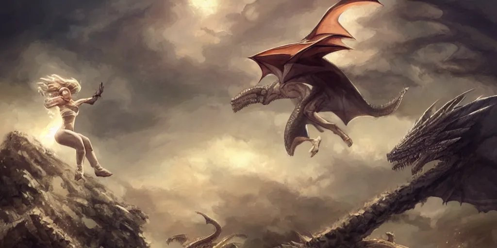 Prompt: Emilia Clarke jumping over a pit with dragons behind her in the air, artwork by charlie bowater