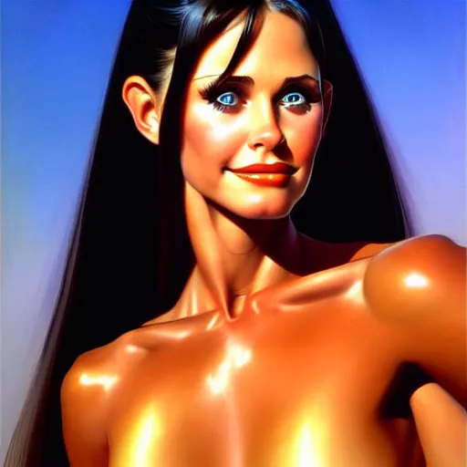 Image similar to portrait of young courtney cox as an amazon girl, painted by stanley artgerm, boris vallejo, fantasy art, sleek curves, sharp focus, trending on artstation hq, deviantart