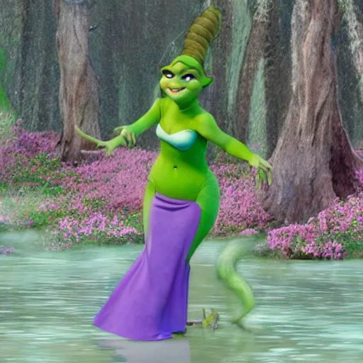 Prompt: Fiona from Shrek, dancing in a dress in a swamp