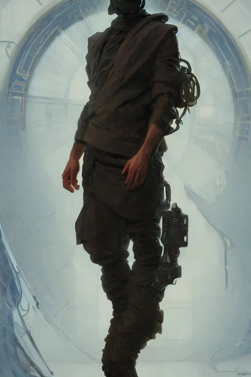 Image similar to a full body portrait oil painting illustration of an arabic man by justin sweet and greg rutkowski and alphonse mucha with face and body clearly visible, techwear, futuristic, cyberpunk, artstation trending, high quality, sombre mood, artstation trending, abstract colours, no crop, entire character!,