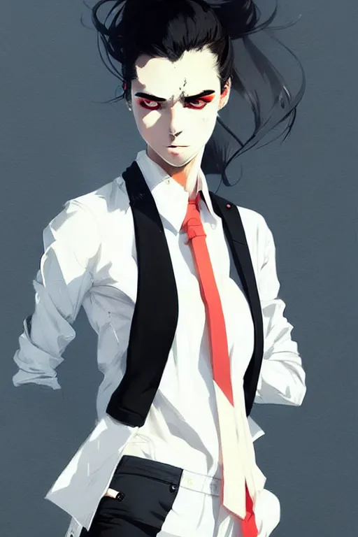 Image similar to a ultradetailed beautiful panting of a stylish woman, she is wearing a white shirt with a tie and black pants, by conrad roset, greg rutkowski and makoto shinkai trending on artstation