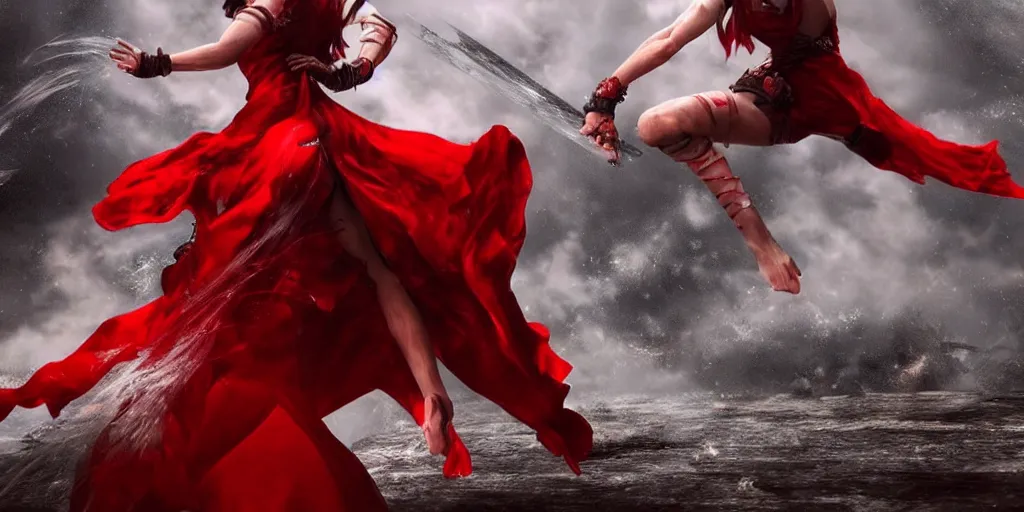 Prompt: epic scene of ( most gorgeous attractive final fantasy 7 character hyper detail in amazing detail red dress with lots of detail, beautiful detailed face ) ( fighting ) hyper realistic 3 d render, art station, particles, epic scene, mucha, clouds, jump pose, focus, action,