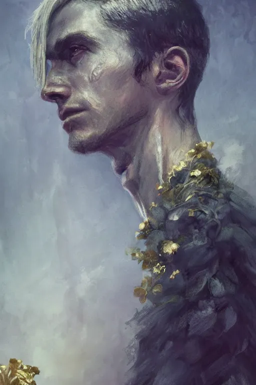 Image similar to a masculine elegant man from sideview and wearing golden laurel wreath, ethereal horror fantasy art by greg rutkowski and magali villanueve and monet con