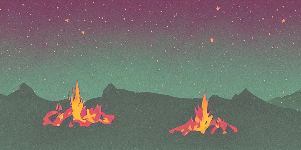 Prompt: a campfire under the stars, 1940s faded risograph print, illustration, limited color palette, earthtones, double-exposure, astrophotography