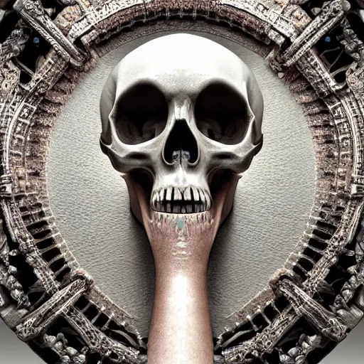 Image similar to an extreme close - up symmetrical portrait of an ornamental bone skull, photographic filter, unreal engine 5, realistic, hyperdetailed, 8 k, cinematic, volumetric lighting, very realistic effect, hd, hdr, 4 k, sharp focus, octane render, ultra detailed, high resolution, trending on artstation in the style of albert dros glowing rich colors powerful imagery