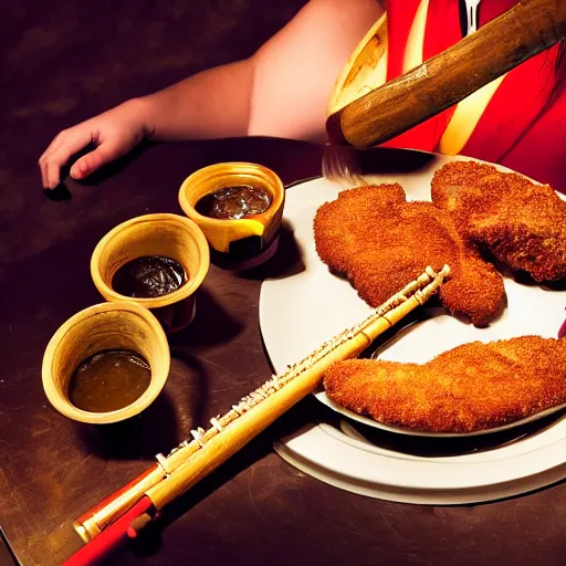 Image similar to photo of a schnitzel holding a flute and drumming with it, drum set, night club, spot light, 50mm, beautiful photo