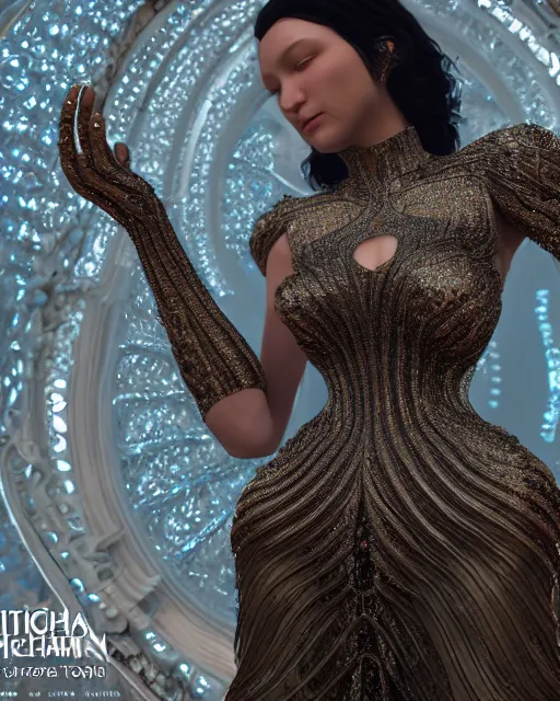 Image similar to a highly detailed metahuman 4 k close up render of a bella hadid as religious monument renaissance in iris van herpen dress schiaparelli in diamonds crystals swarovski and jewelry iridescent in style of alphonse mucha gustav klimt trending on artstation made in unreal engine 4