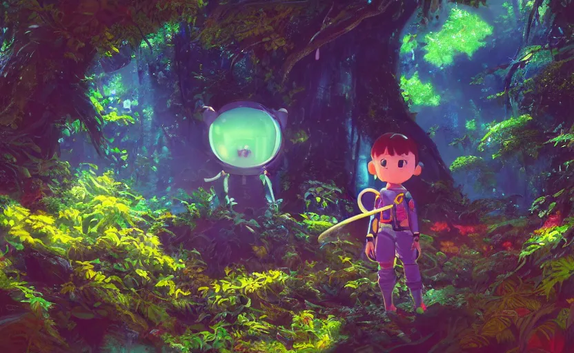 Prompt: a still of a cute adorable tiny astronaut, on a planet of lush colorful foliage surrounded by monster dragons, magical forest, sharp focus, neon backlit, highly detailed, disney pixar studio ghibli makoto shinkai, digital painting, matte, octane render, cinematic volumetric lighting, global illumination, iridescent, anime, 8 k concept art