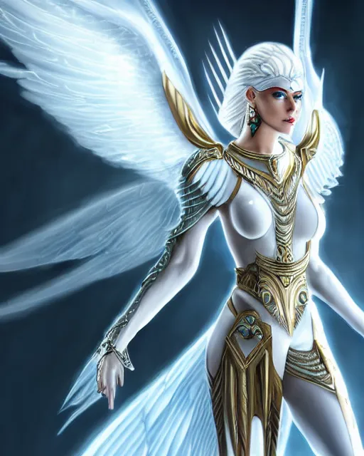 Image similar to perfect white haired egyptian goddess wearing white dove wings, warframe armor, regal, attractive, ornate, sultry, beautiful, charlize theron, pretty face, blue eyes, detailed, scifi platform, 4 k, ultra realistic, epic lighting, android body, illuminated, cinematic, masterpiece, art by akihito tsukushi, voidstar, artgerm