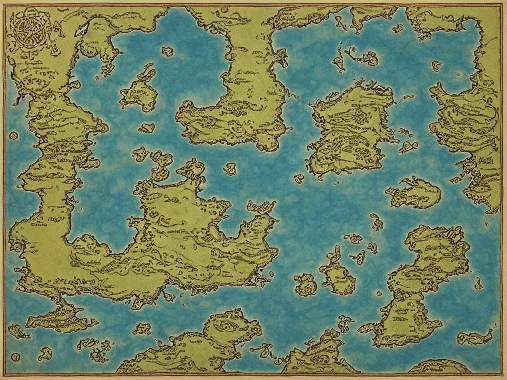 Image similar to fantasy map of an ancient land of Odrua in the Fantasy world of Lute, showing continents archipelagos cities mountains deserts rivers coastlines kingdoms, a central musical land, vast oceans with kraken, in the style of the Vatican Map Room, Papal Map, paintings by JRR Tolkien by Brian Froud, lush fantasy colors, Jim Henson Productions