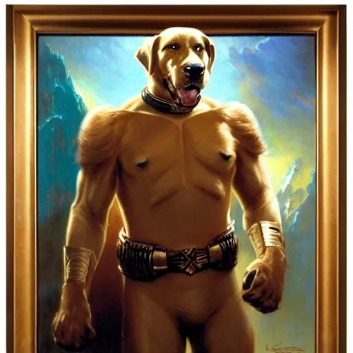 Image similar to a portrait of a manly and muscular and handsome and attractive dogman canine, star trek the next generation. highly detailed painting by gaston bussiere, craig mullins, j. c. leyendecker, furry