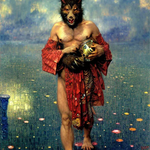 Image similar to a male ratwolfman rat wolf man in a red kimono furry arms furry body walking stick sewers. furaffinity furry art detailed face painting by gaston bussiere craig mullins jc leyendecker gustav klimt artgerm greg rutkowski furry