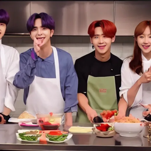 Image similar to BTS k-pop stars cooking show in 4k in gourmet kitchen with great lighting with Emma Watson as guest host