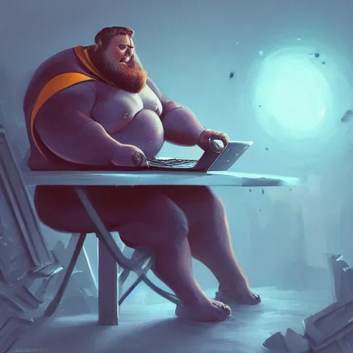 Image similar to a insanely detailed painting of a slightly overweight man wearing a homemade superhero costumed, sitting at a computer desk, nervously and clicking on the mouse, in the style of peter mohrbacher, dramatic lighting and composition, trending on artstation, concept art, comic book