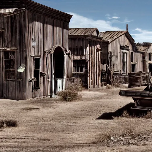 Image similar to Abandoned Wild West town at high noon, hyperrealistic