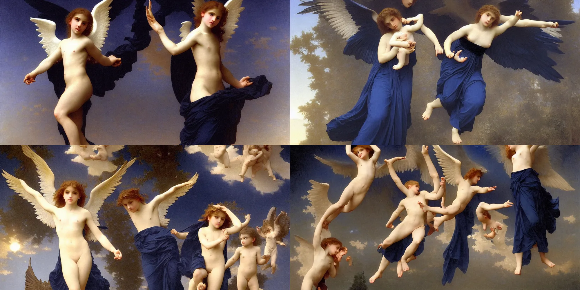 Prompt: a single blonde angel descending from the heavens to the illuminate the dark blue hell full of shadows, dramatic light, by william - adolphe bouguereau